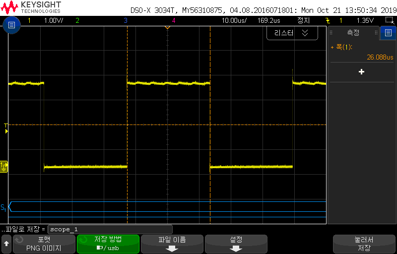 Figure 1 - Before editing - when transmitting 10101010, 1s / pulse-width is baud rate, and 1s/26.088us is 38331 ~= 38400