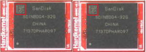 Figure 2 - eMMC version 5.0 (left) has the QR code on the right side, and eMMC version 5.1 (right) has the QR code on the left side)